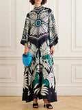 Women's Holiday Style Print Stand Collar V-neck 3/4 Sleeve Maxi Dress