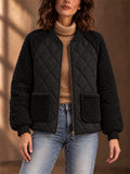Women Fleece Quilted Jacket Zip Up Bomber Coat with Pockets