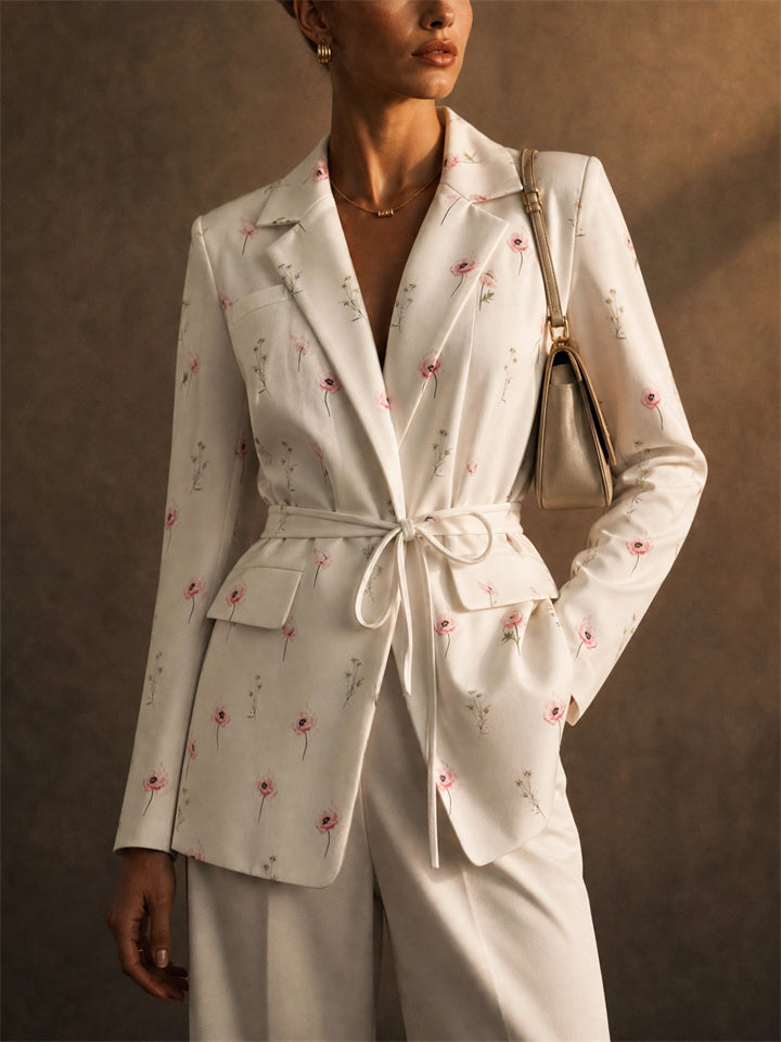 Women Elegant Floral Print Loose Fit Slim Belted Blazer