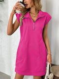 Women's Summer Solid Color Pockets Lapel Zip Above Knee Length Dress
