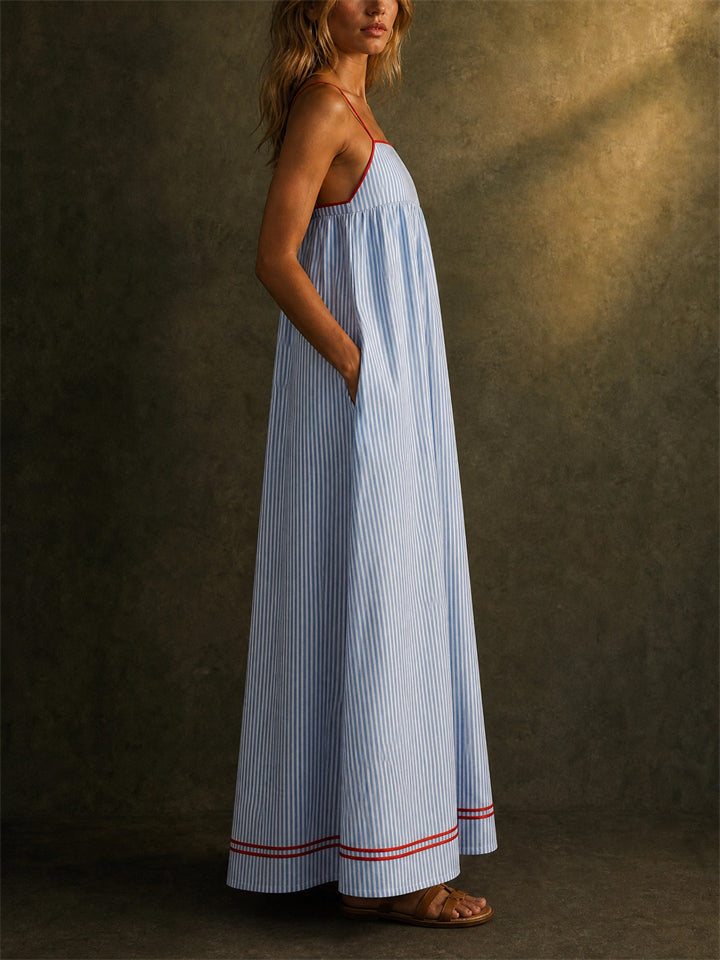 Women's Striped Maxi Beach Sundress with Red Trim Pockets