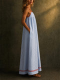 Women's Striped Maxi Beach Sundress with Red Trim Pockets