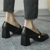 Vintage Square Toe Pearl Chunky Heels Mary Jane Shoes