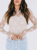 Women's Sheer Lace Mesh Long Sleeve Sabrina Neck Shirts