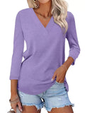Women's Basic Casual Solid Color V Neck 3/4 Sleeve Shirts