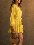 Women French Style Yellow Long Sleeve Braided Belt Tiered Mini Dress