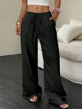 ‌Women's Summer Simple Mid-Waist Texture Loose Fit Wide Leg Pants