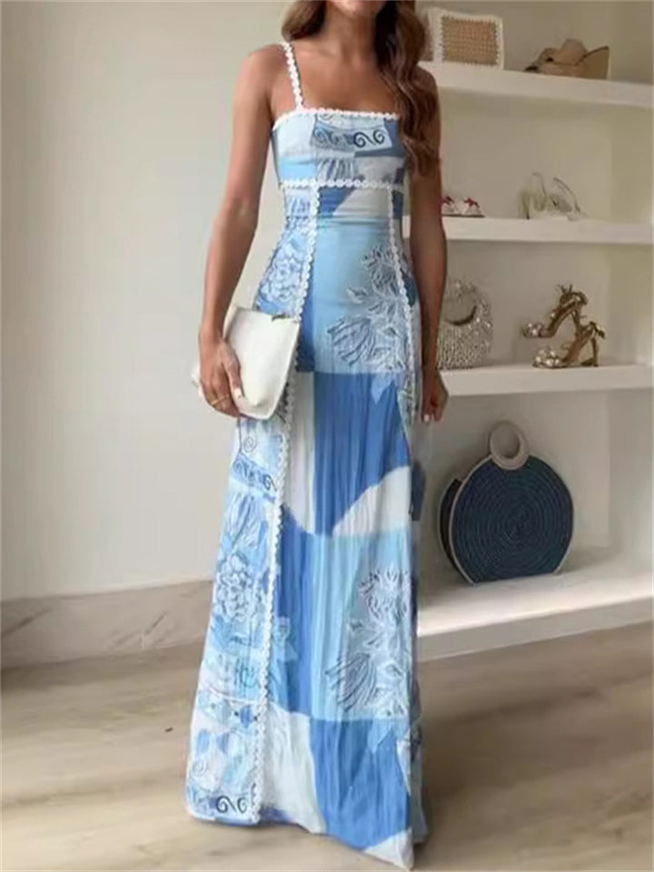 Women's Geometry Print Blue Square Neck Strappy Dress