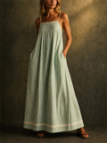 Women's Striped Maxi Beach Sundress with Red Trim Pockets