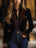 Single Breasted Black Velvet Blazer with Brown Trim for Women