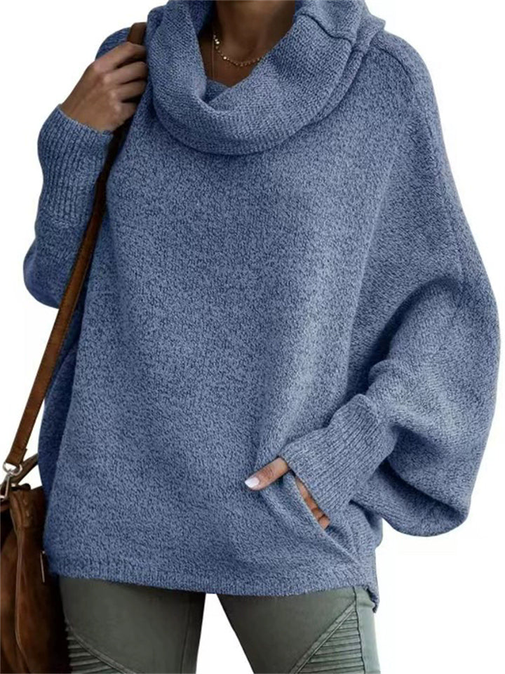 Women's Turtleneck Solid Color Kangaroo Pocket Lantern Sleeve Sweaters