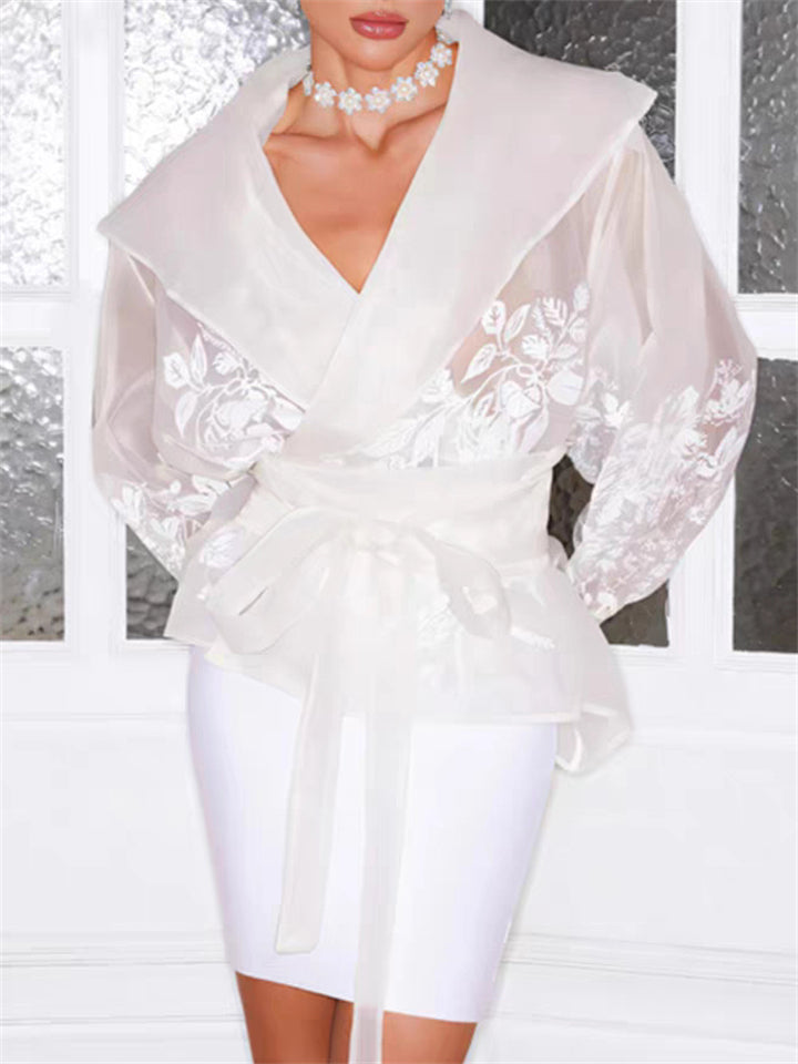 Women's French Style Elegant Lapel Long-sleeve Semi Transparent Blouses