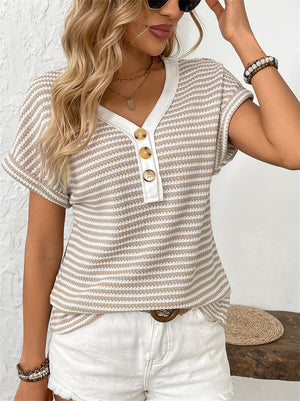 Women's Summer Knitted Stripe V Neck Short Sleeve Shirts