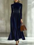 Women's Elegant Semi-high Neck Slim-fit Pleated Velvet Long Dress