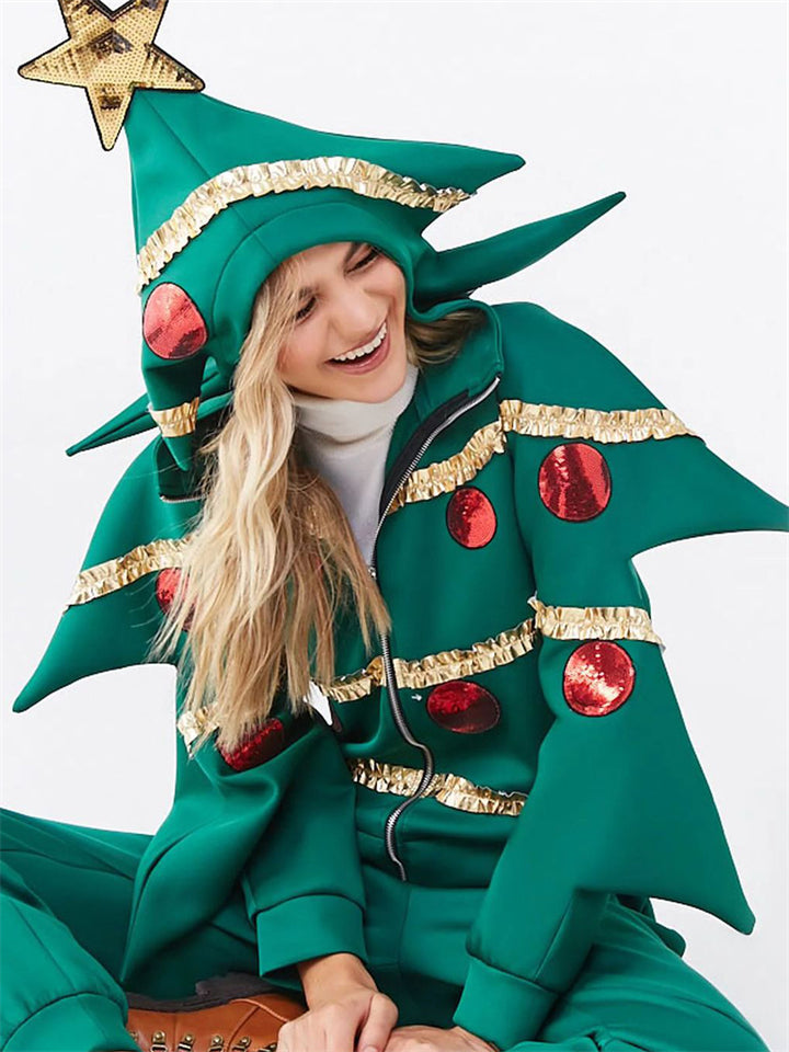Women's Green Christmas Tree Performance Costume Zip Up Long Sleeve Hoodie