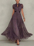 Women Purple Chiffon Lace High Neck Puff Sleeve Maxi Dress