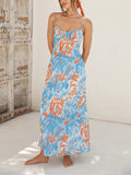 Female Spaghetti Strap French Style Printed Low-cut Dress