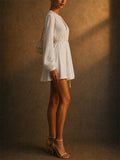 Women Long Sleeve Keyhole Mini Dress with Rope Belt