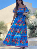 Women's Flower Print Off Shoulder Bohemian Dress