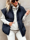 Women's Casual Solid Color Zip Up Pockets Stand Collar Sleeveless Vest Padded Coats