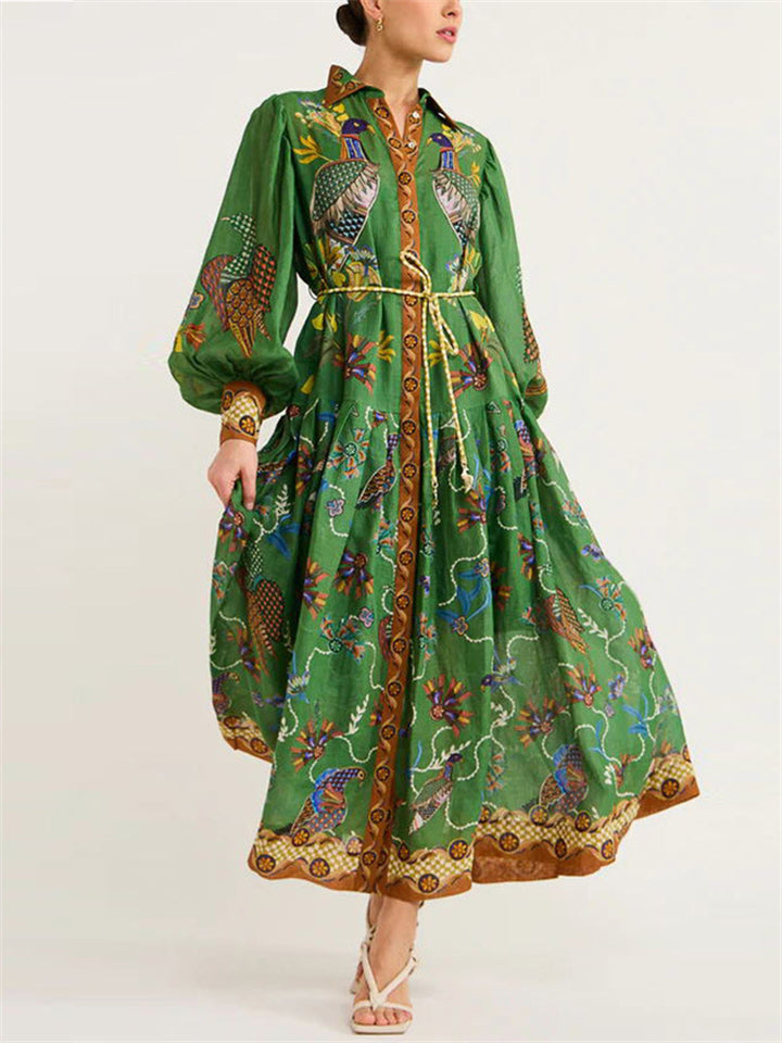 Women's Vintage Print Lantern Sleeve Button Up Green Long Dress