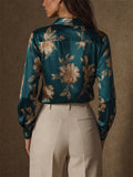 Women Floral Satin Silky Long Sleeve Button Down Blouse