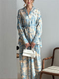French Style Long Sleeve Print Button Tie-waist Shirt and Wide Leg Pant Set
