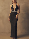 Women Contrast Trim Backless Sexy Beach Resort Halter Knit Maxi Dress