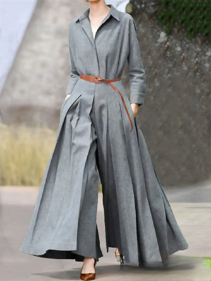 Ladies' Autumn Elegant Gray Tie-Waist Lapel Pleated Long Sleeve Jumpsuits