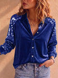 Women Sequin Velvet Button Down Long Sleeve Party Blouse