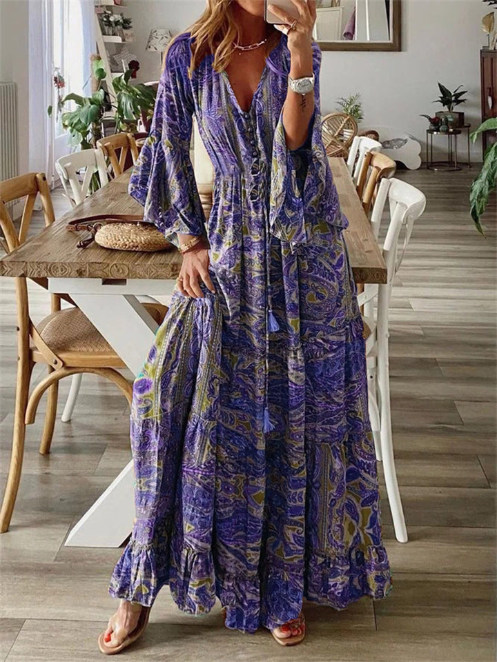 Women's Bohemian Style Flare Sleeve Printed Long Dress