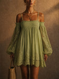 Women Sexy Lace Off Shoulder Puff Sleeve Mini Dress