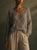 Women V Neck Crochet Knit Sweater Hollow Out Boho Beach Top