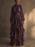 Womens Boho Chiffon Ruffle High Neck Long Sleeve Maxi Dress