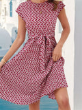 Female Popular Waist Lacing Cap Sleeve Printed Dresses