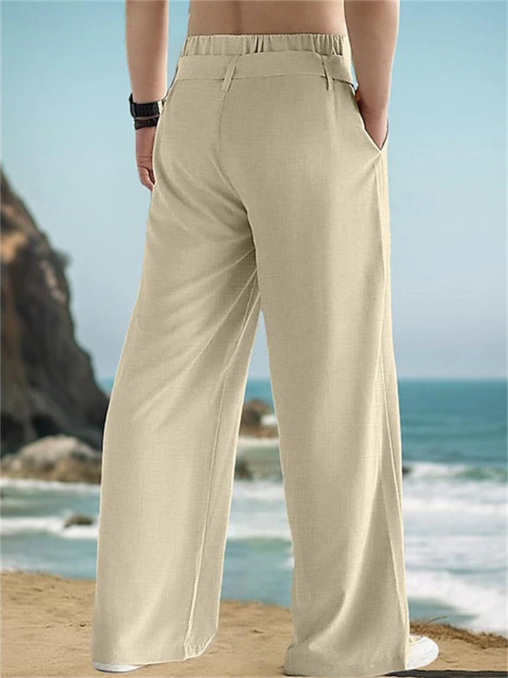 Men's Solid Color Linen Tie-Waist Wide Leg Straight Pants