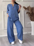 Women's Lightweight Loose Fit Blouse and High-Waist Wide Leg Pants Set