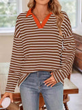 Women's Stripe Contrast Color V Neck Long Sleeve Shirts