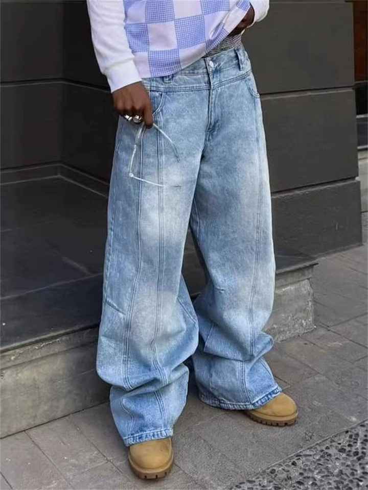Mens Stylish Baggy Y2K Wide Leg Panelled Light Wash Streetwear Jeans