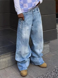 Mens Stylish Baggy Y2K Wide Leg Panelled Light Wash Streetwear Jeans