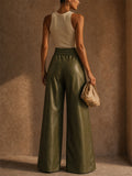 Women Faux Leather High Waist Wide Leg Belted Flared Pants