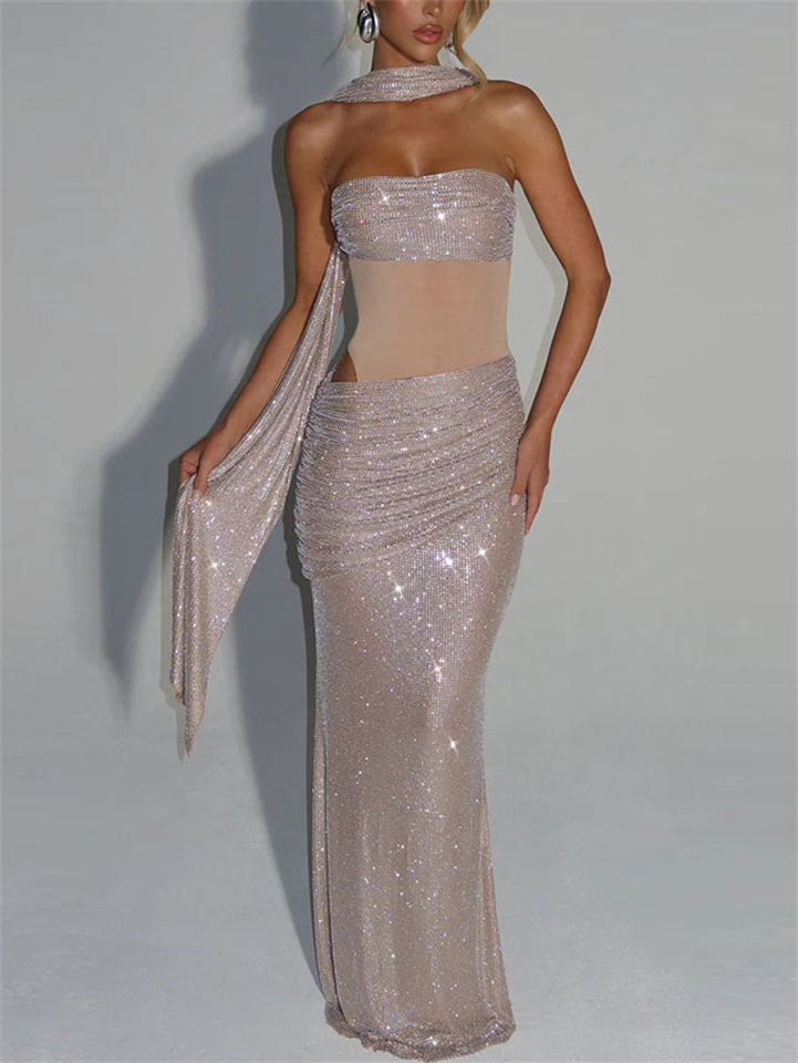 Female's Sequined Solid Color Tube Evening Dress with Scarf