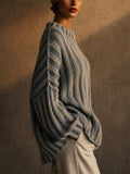 Womens Color Block Striped Ribbed Knit Oversized Pullover Sweater