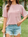 Women's Solid Color Stripe Pockets Short Sleeve Shirts