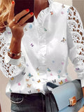 Fashion Butterfly Print Hollow Out Long Sleeve White Shirt for Lady