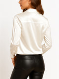 Ladies' White V Neck Button Up Pockets Long Sleeve Satin Blouses