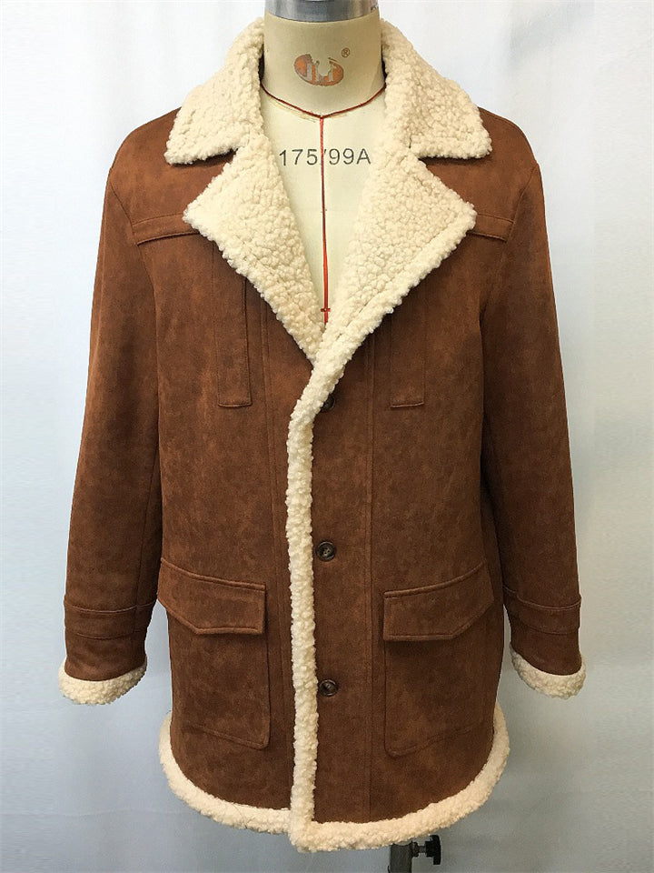 ‌Men's Winter Warm‌ Brown Faux Shearling Lined Coat with Pockets