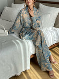 French Style Long Sleeve Print Button Tie-waist Shirt and Wide Leg Pant Set