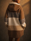 Women Oversized Color Block Fuzzy Sherpa Fleece Zip Hoodie
