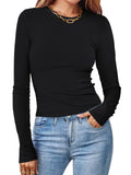 Women's Solid Color Round Neck Long-sleeved Pit Stripe Shirts